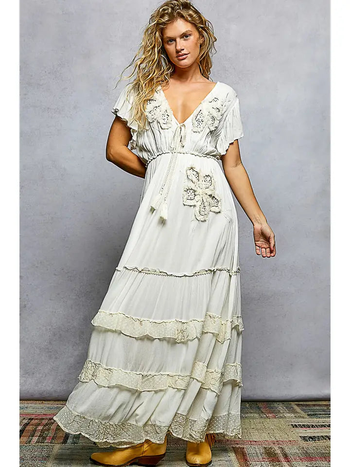 Ruffle Trim V-Neck Embroidery Sequins Tassel Long Dress