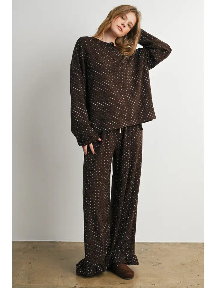 Ruffle Trim Polka Dot Wide Leg Trousers
