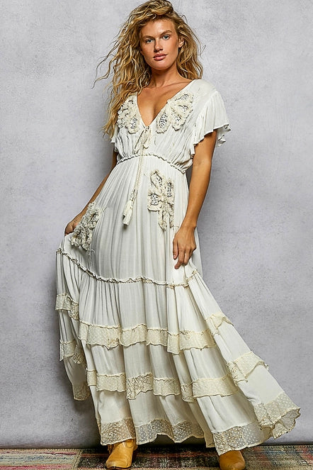 Ruffle Trim V-Neck Embroidery Sequins Tassel Long Dress