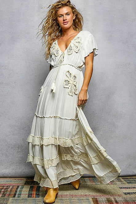 Ruffle Trim V-Neck Embroidery Sequins Tassel Long Dress