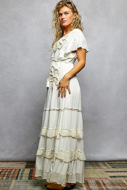 Ruffle Trim V-Neck Embroidery Sequins Tassel Long Dress