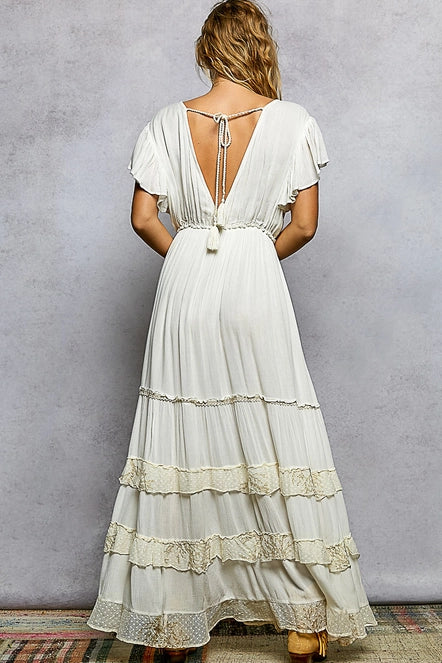 Ruffle Trim V-Neck Embroidery Sequins Tassel Long Dress