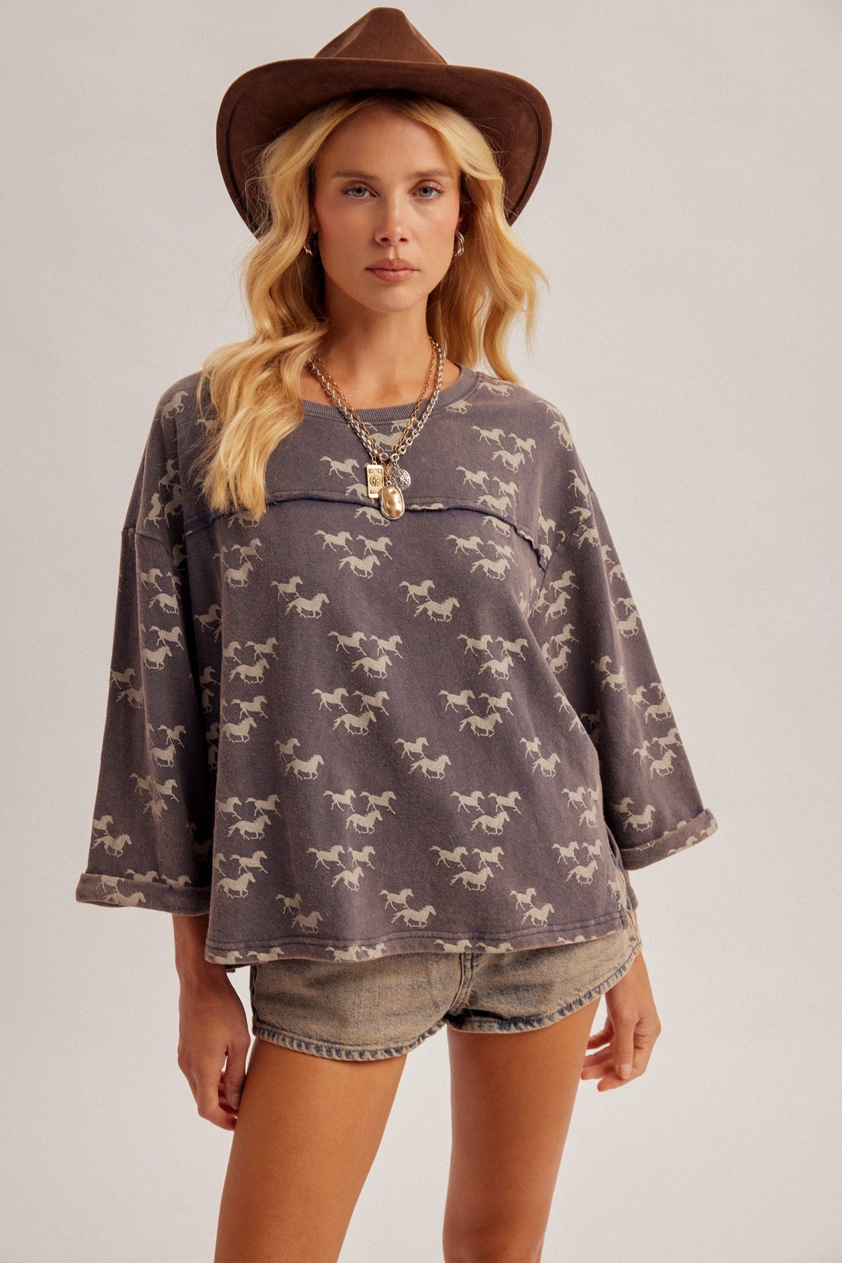 Running Wild Horses Printed Washed Terry Top