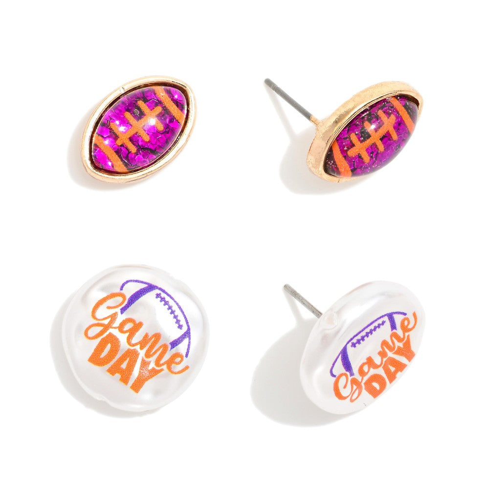 Game Day Stud Earrings Featuring Glitter Acetate Footballs &amp; Pearlescent "Game Day" Detail