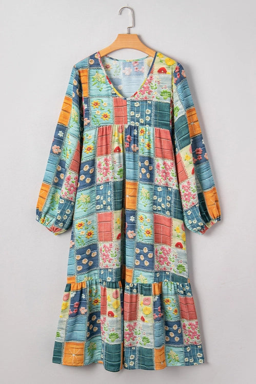 Sky Blue Mix Floral Checkered Pattern Bubble Sleeve Ruffle Hem Dress