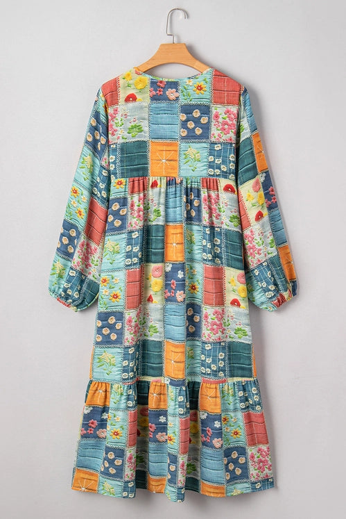 Sky Blue Mix Floral Checkered Pattern Bubble Sleeve Ruffle Hem Dress