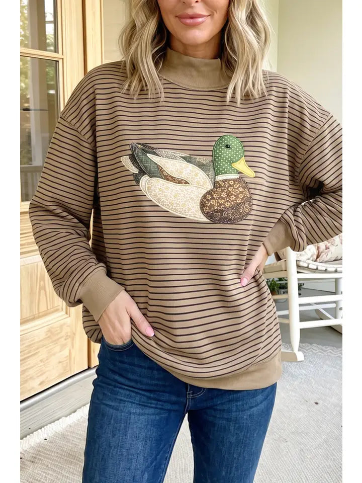 Stripe Mallard Graphic Mock Neck Oversized Sweatshirt