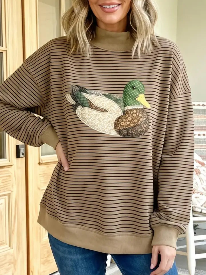 Stripe Mallard Graphic Mock Neck Oversized Sweatshirt