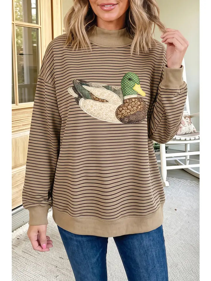 Stripe Mallard Graphic Mock Neck Oversized Sweatshirt