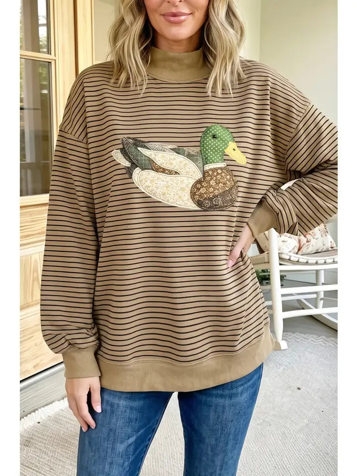 Stripe Mallard Graphic Mock Neck Oversized Sweatshirt