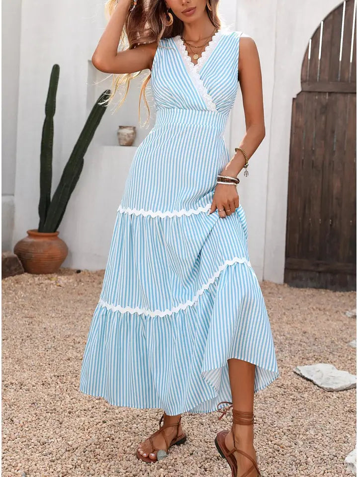 Striped Sleeveless V Neck Tiered Maxi Dress