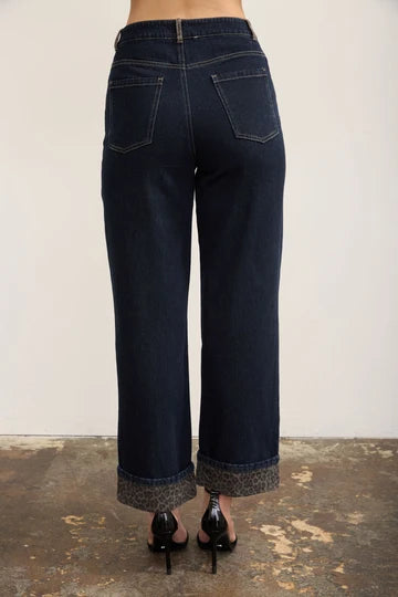 LEOPARD CUFF DETAIL WIDE LEG DENIM JEANS