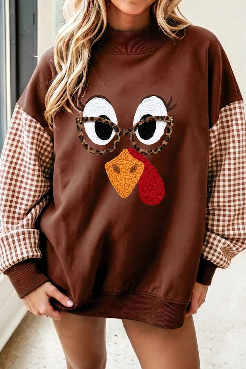 Thanksgiving Turkey Plaid Sleeve Pullover Sweatshirt