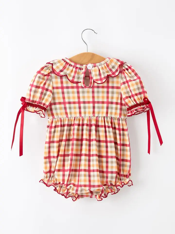 Thanksgiving Turkey Pumpkin Maple Leaf Plaid Baby Girls Romper