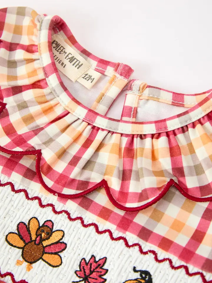 Thanksgiving Turkey Pumpkin Maple Leaf Plaid Baby Girls Romper