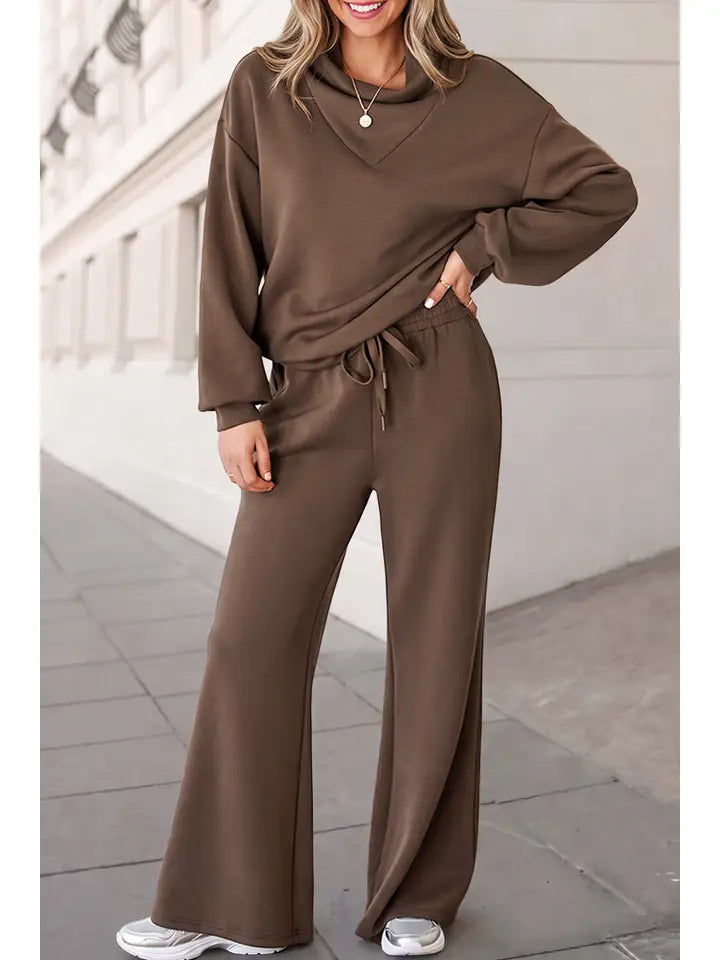 Timeless Solid Mock Neck Wide Leg Pants Set