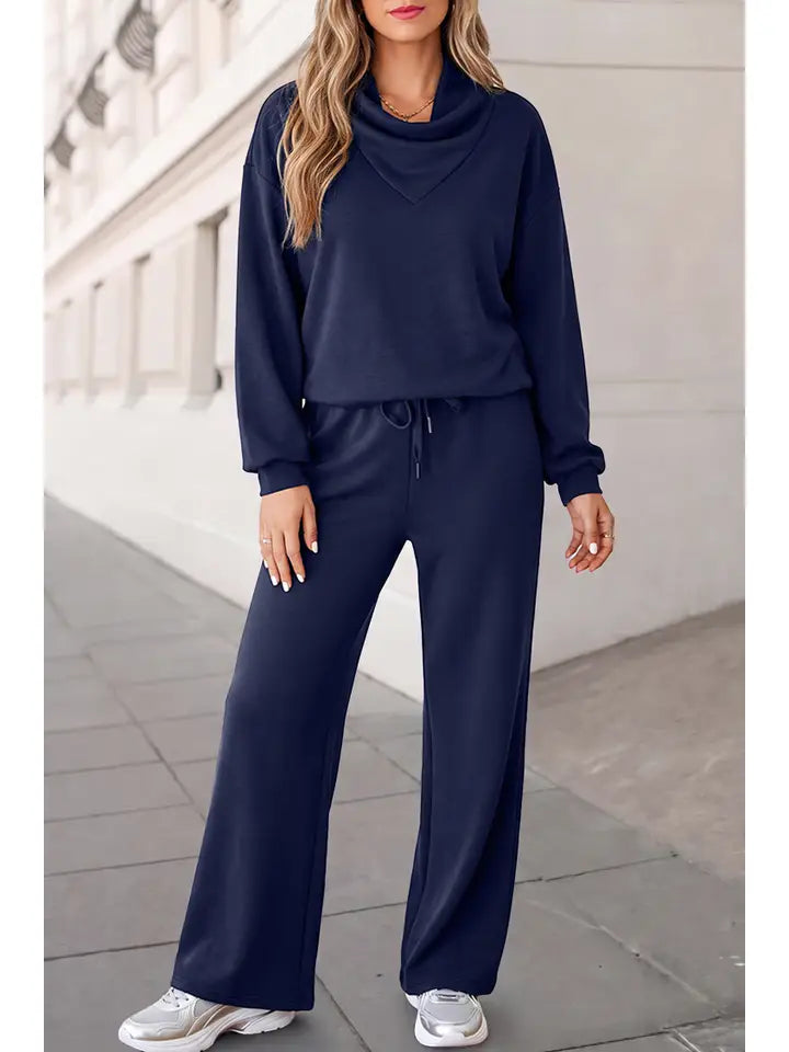 Timeless Solid Mock Neck Wide Leg Pants Set