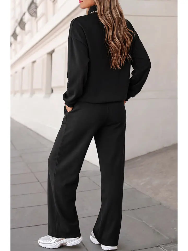 Timeless Solid Mock Neck Wide Leg Pants Set