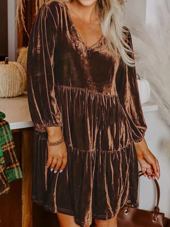 Velvet V-Neck Long Sleeve Tiered Mini Dress