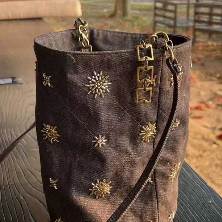 Vintage Studded Denim Shoulder Bucket Bag
