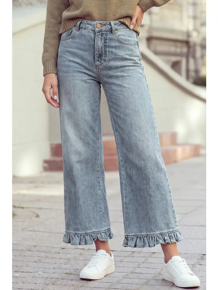 Vintage Wash Ruffled Hem Ankle-Length Jeans