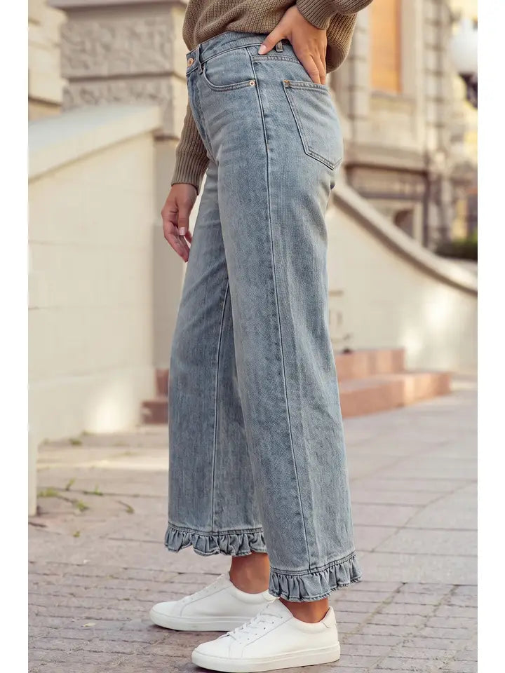 Vintage Wash Ruffled Hem Ankle-Length Jeans
