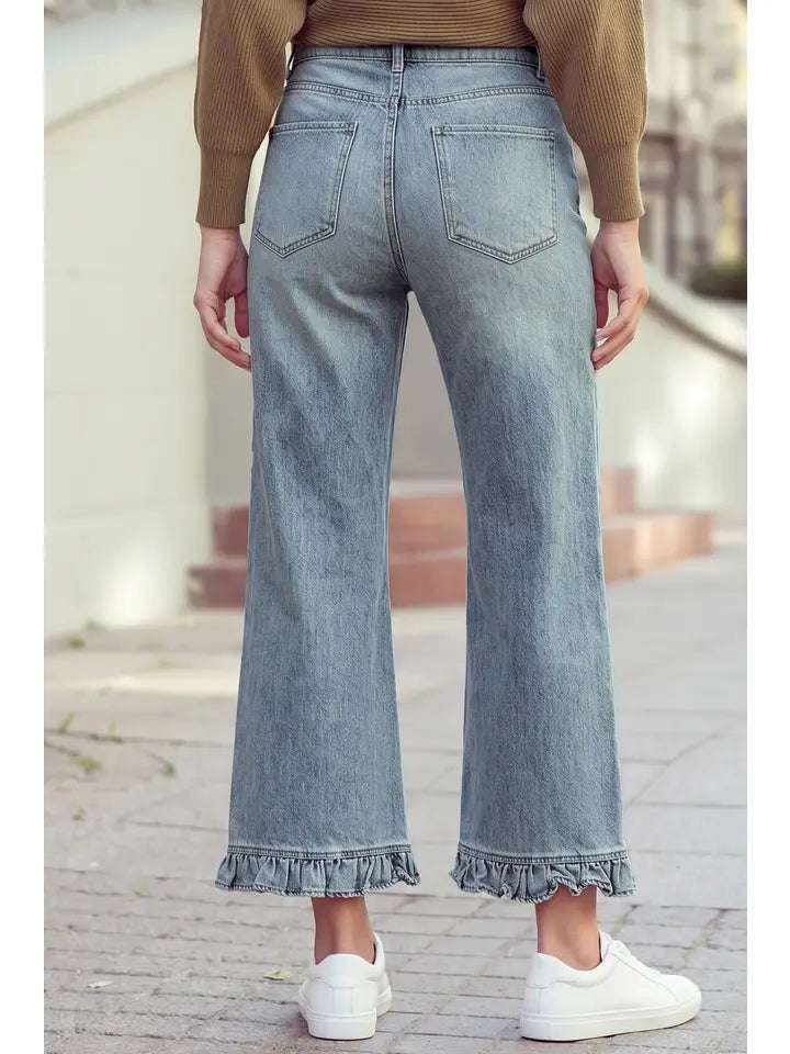 Vintage Wash Ruffled Hem Ankle-Length Jeans