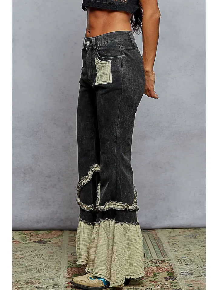 Vintage Washing Solid Double Gauze Ruffle Twill Pants