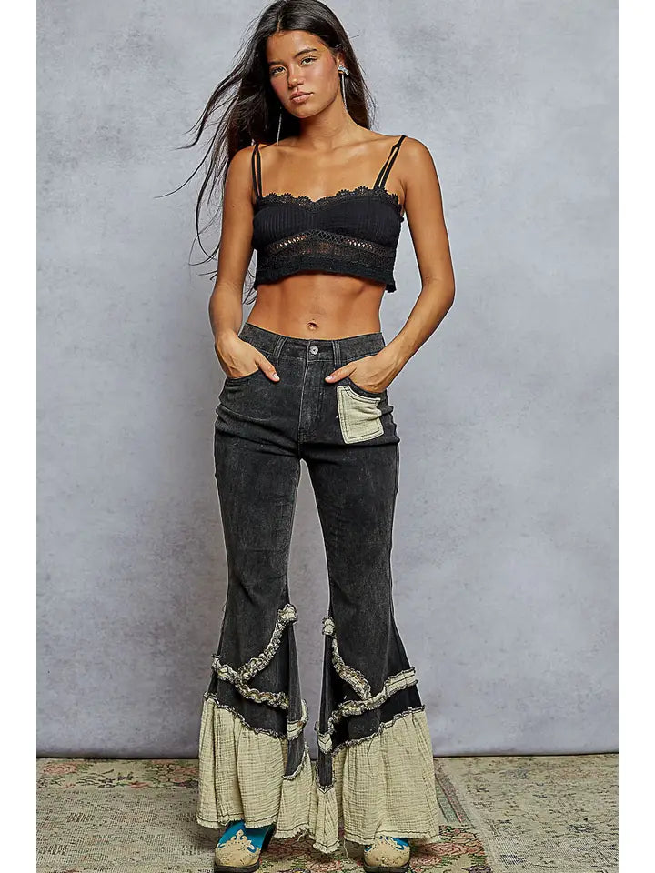 Vintage Washing Solid Double Gauze Ruffle Twill Pants