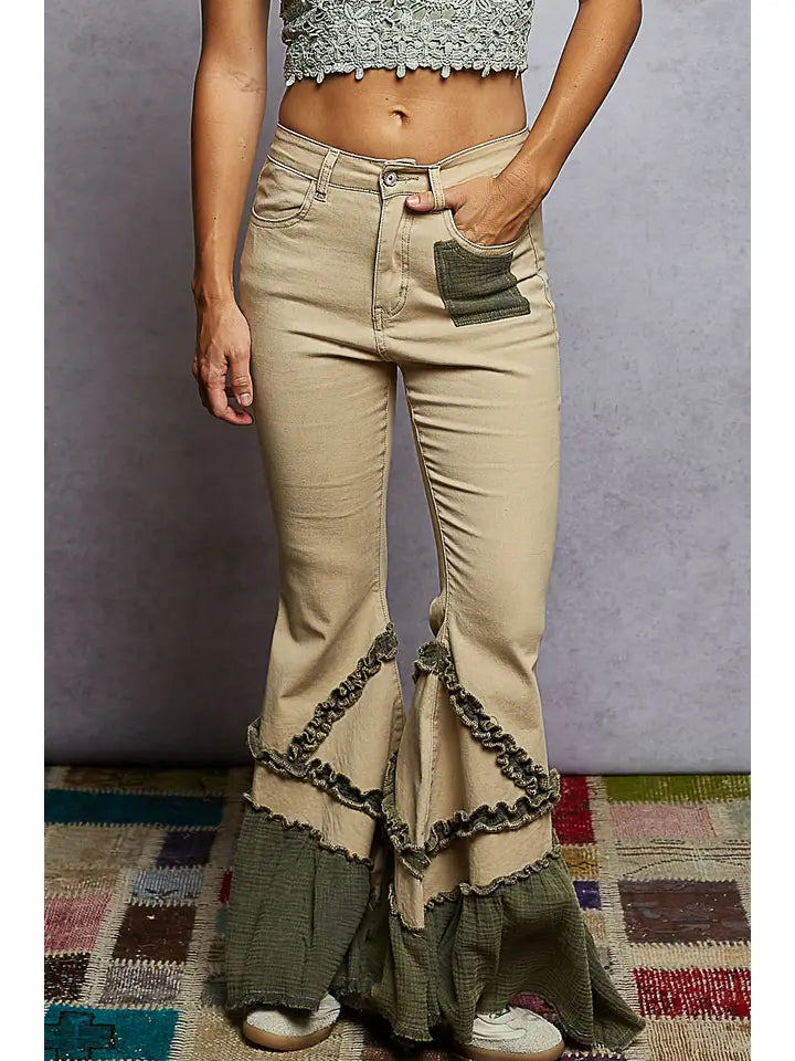Vintage Washing Solid Double Gauze Ruffle Twill Pants