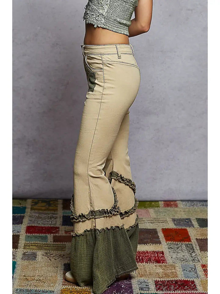 Vintage Washing Solid Double Gauze Ruffle Twill Pants