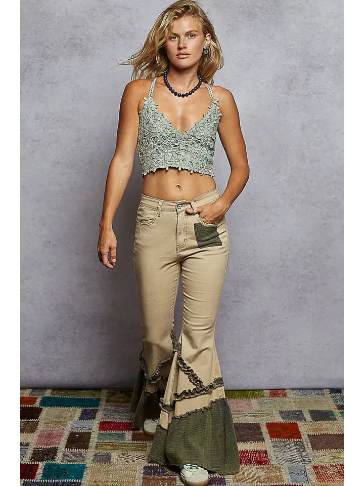 Vintage Washing Solid Double Gauze Ruffle Twill Pants