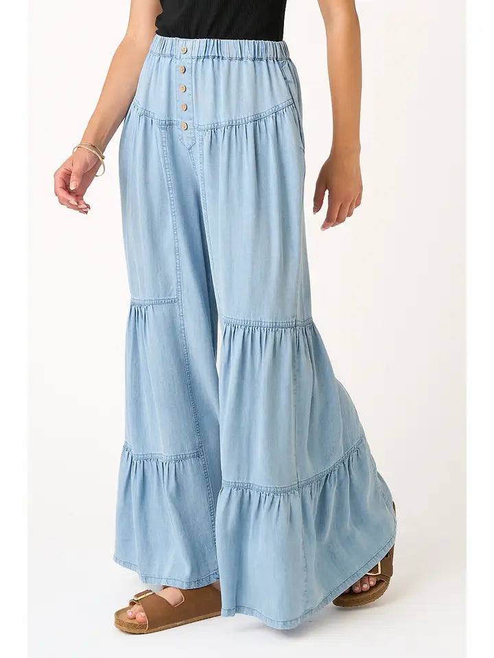 Washed Chambray Tiered Wide Leg Button Front Pants