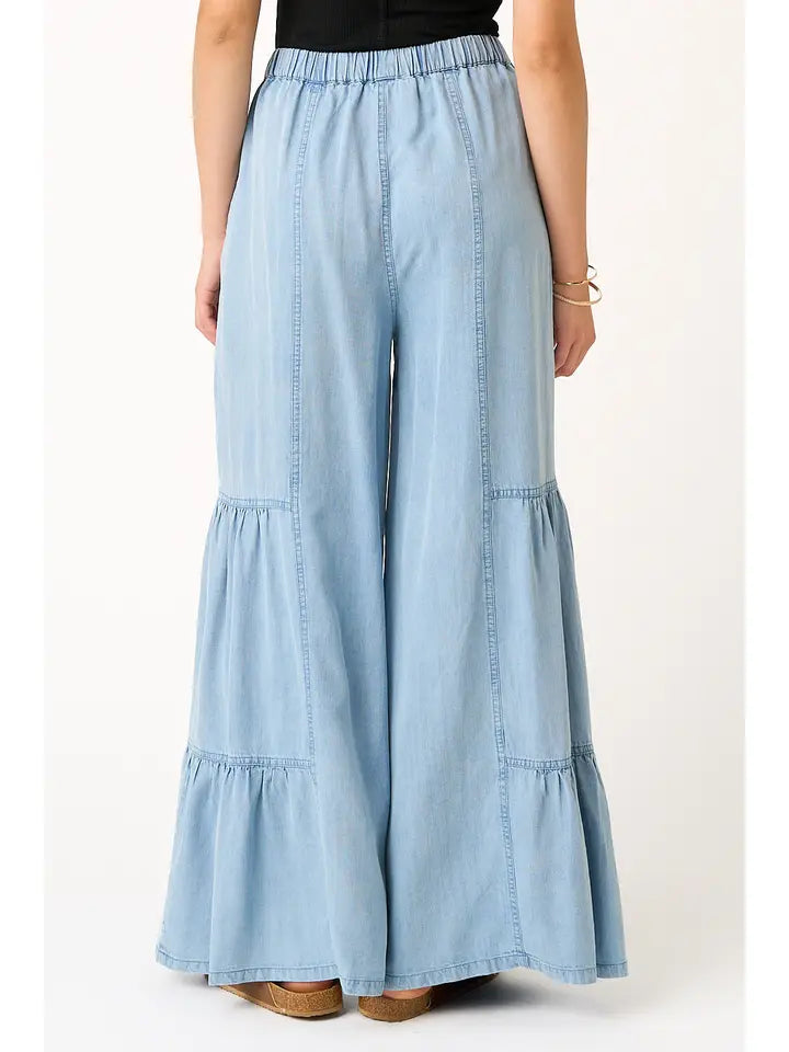Washed Chambray Tiered Wide Leg Button Front Pants