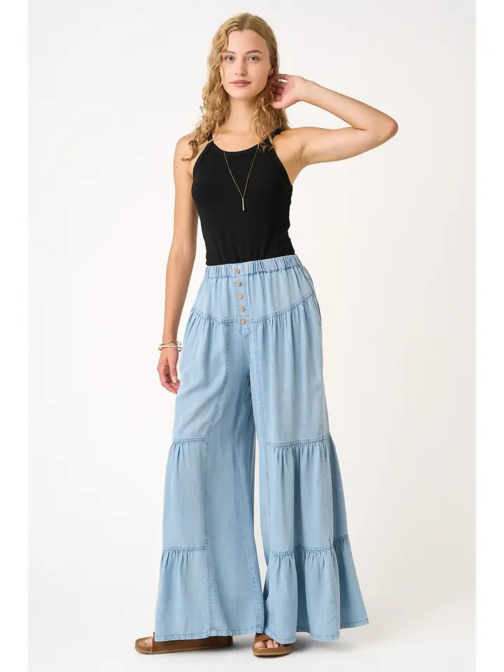 Washed Chambray Tiered Wide Leg Button Front Pants