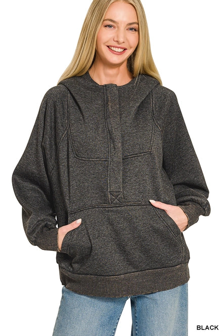 Washed Fleece Oversized 1/4 Zip Hoodie - Zenana