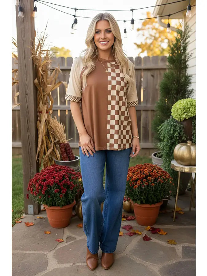 Western Brown & Checkered Women's Boutique Top
