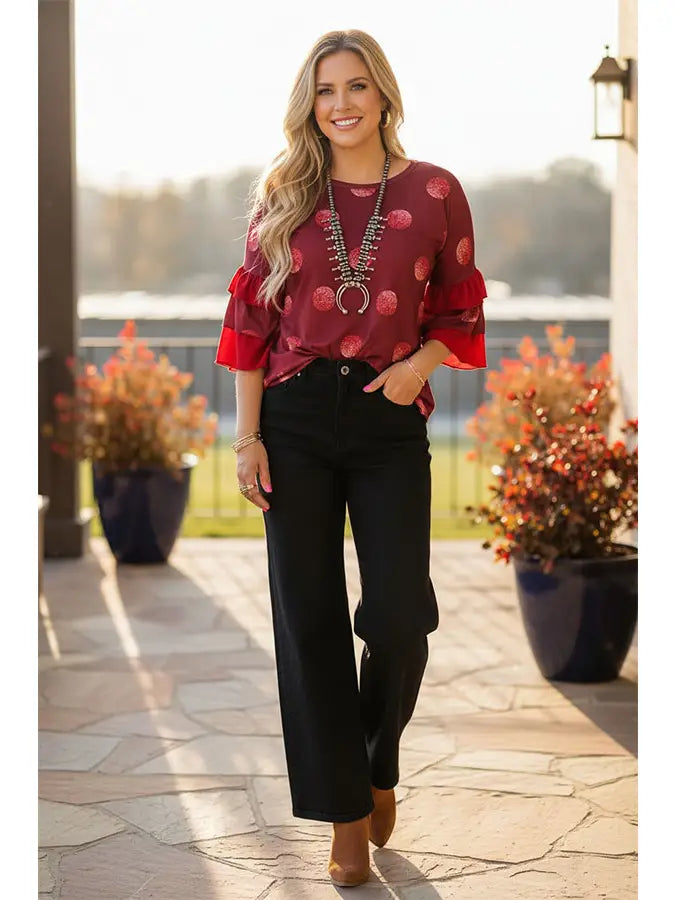 Western burgundy polka dot women's boutique top