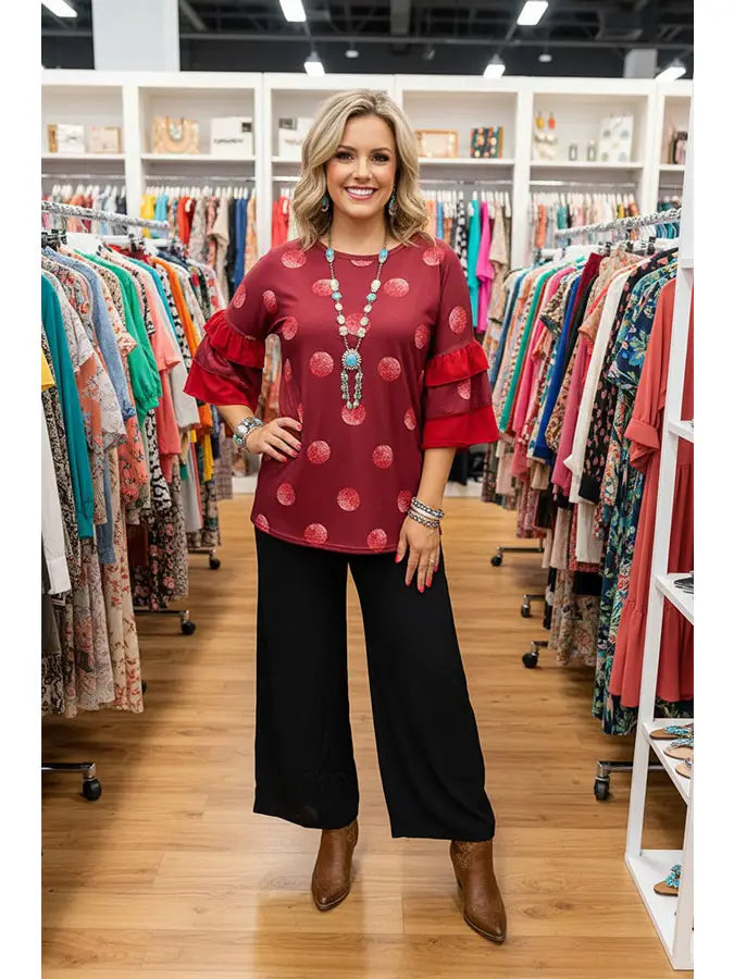 Western burgundy polka dot women's boutique top
