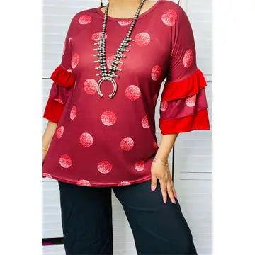 Western burgundy polka dot women's boutique top
