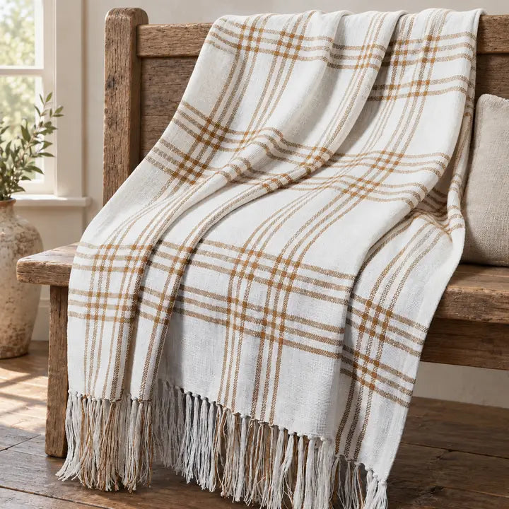 Wheat Plaid Woven Throw Blanket 50x60 Cotton Fringe Fall