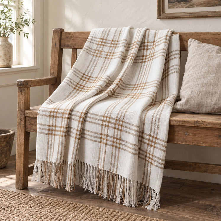 Wheat Plaid Woven Throw Blanket 50x60 Cotton Fringe Fall
