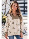 Wild Mallard Print Color Block Patchwork Zip Neck Tunic Top