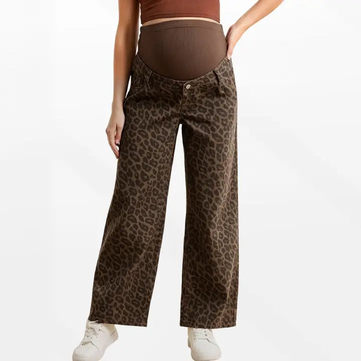 Women's Maternity Over Belly Leopard Wide Leg Jeans