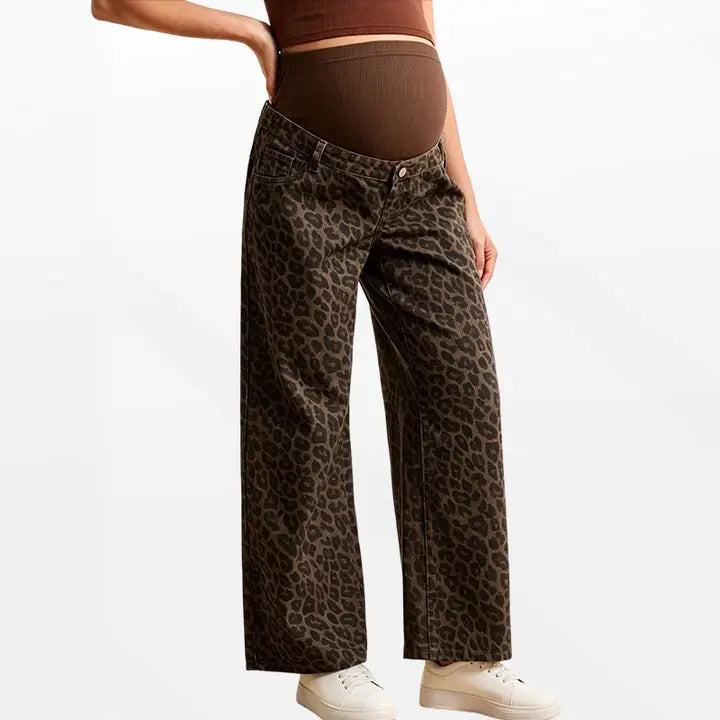 Women's Maternity Over Belly Leopard Wide Leg Jeans