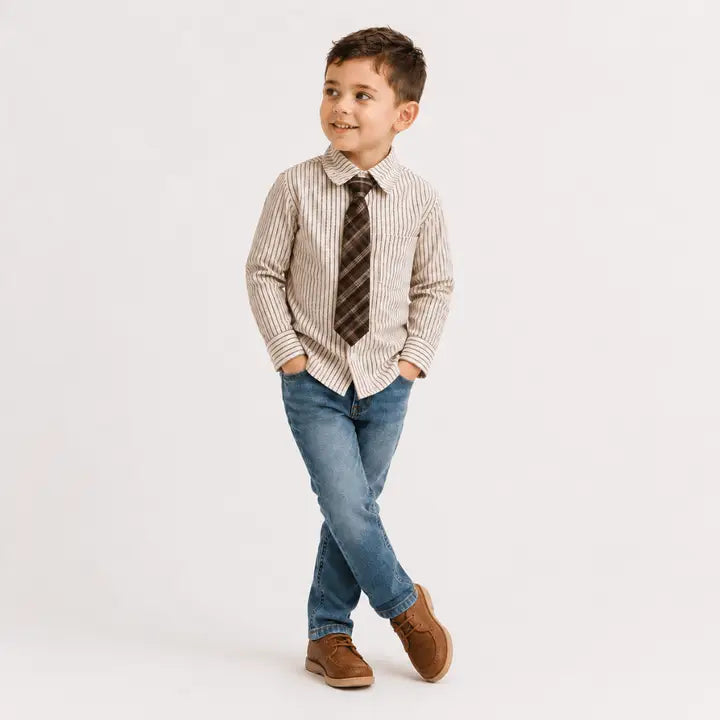 Woven Striped Button Down with Tie