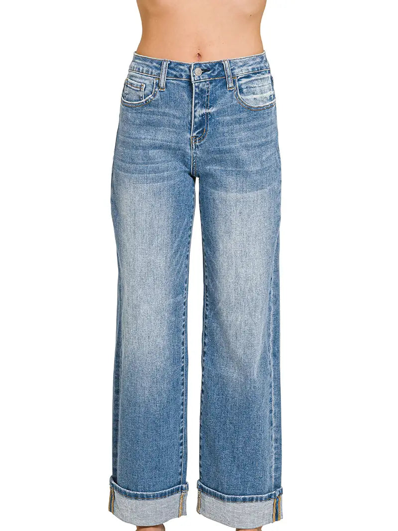 Zenana High Rise Cuffed Wide Leg Denim Pants