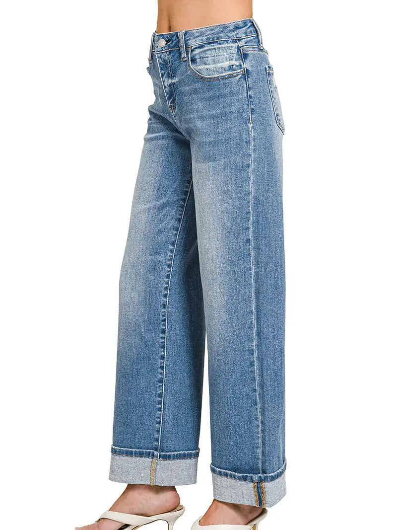 Zenana High Rise Cuffed Wide Leg Denim Pants