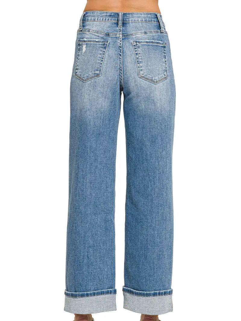Zenana High Rise Cuffed Wide Leg Denim Pants