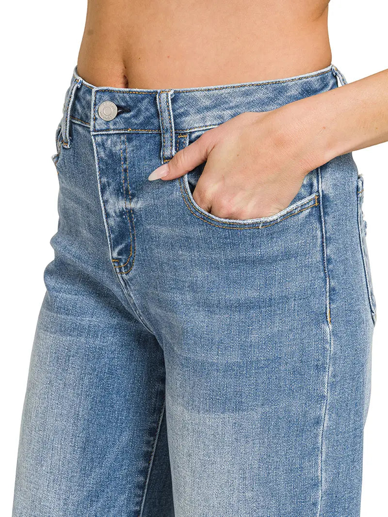 Zenana High Rise Cuffed Wide Leg Denim Pants